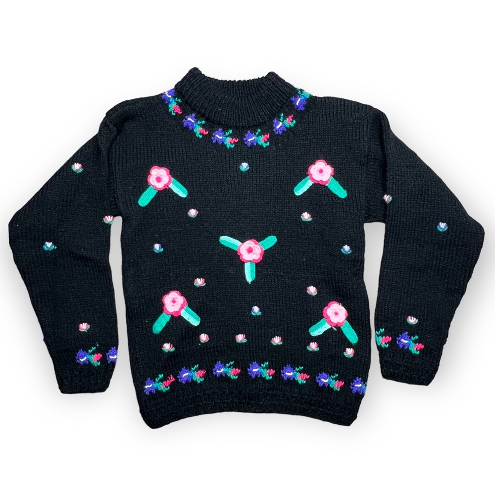 VTG 80s Girls Textured Embroidered Floral Crewneck Sweater SIZE 14